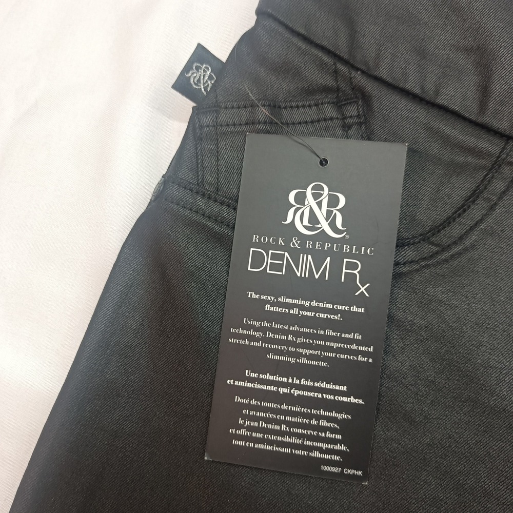 Rock & Republic Fever Legging Black Coated Denim Rx Pull On Skinny Pants 12S NEW - Picture 6 of 8